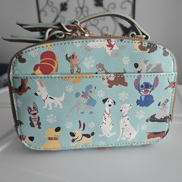 Dooney & Bourke Aqua Dog Print Cosmetic Case with Tan Trim - Picture 2 of 11